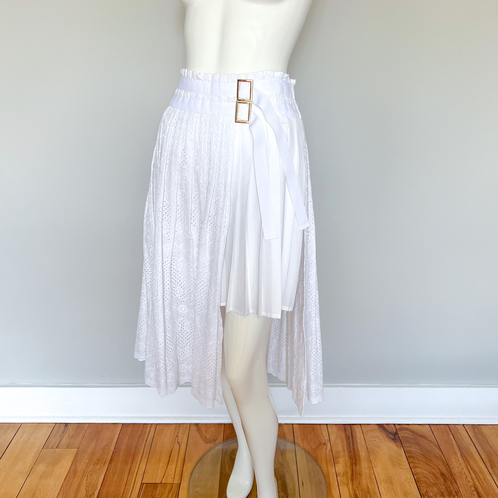 Liu Jo White Eyelet Pleated Cotton Asymmetrical Skirt 6US 42IT Italy Made NWT